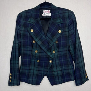 Rafaella Vintage Women's Petite Green Blue Checkered Blazer Size 14 Wool Gold